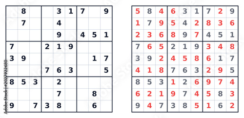 Foto Medium Sudoku puzzle with solution and steps illustrated on grid