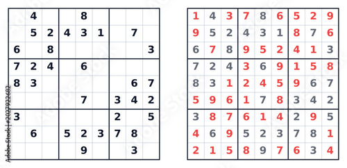 Bild auf Leinwand Medium Sudoku puzzle with completed grid and original layout side by side