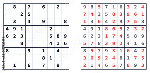 Tableau sur toile Medium Sudoku puzzle grid with solved and unsolved sections displayed