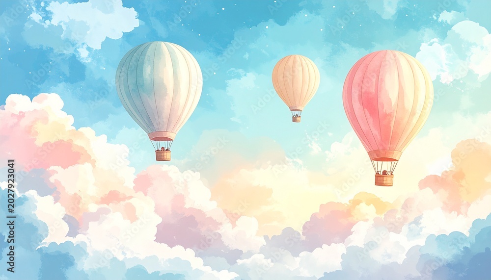Obraz premium Dreamy Pastel Hot Air Balloons Floating in Soft Cloudy Sky Art Visuals