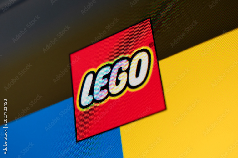Obraz premium 18 April 2026 - Tashkent, Uzbekistan: Close up view of Lego logo on digital screen showing colorful toy brand identity and display pixels.