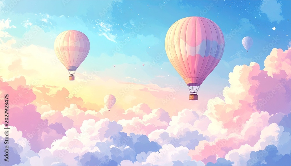 Fototapeta premium Dreamy Pastel Hot Air Balloons Floating in Soft Cloudy Sky Art Visuals