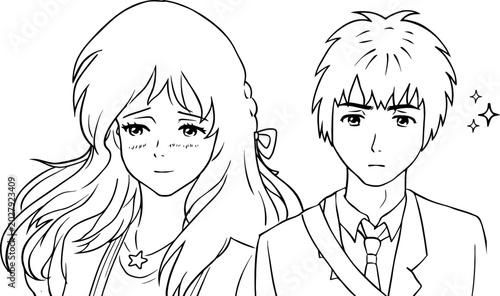 Anime Couple Line Art Illustration