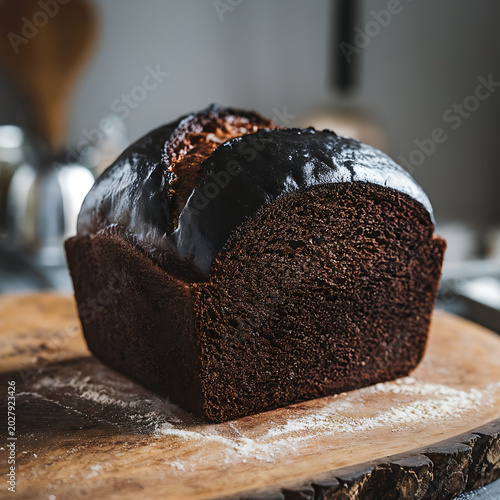Chocolate loaf cake with ganache glaze on wooden cutting board