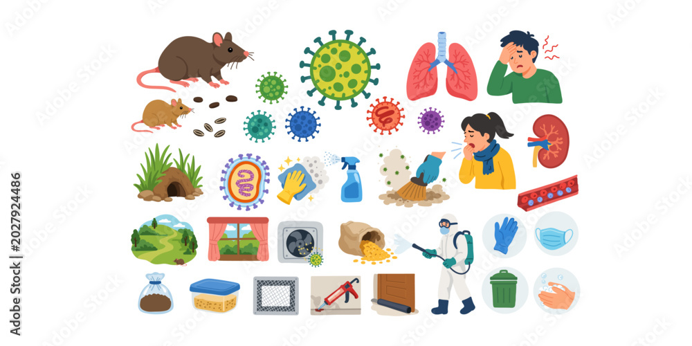 Fototapeta premium hantavirus transmission cycle rodents and environment medical infographic set