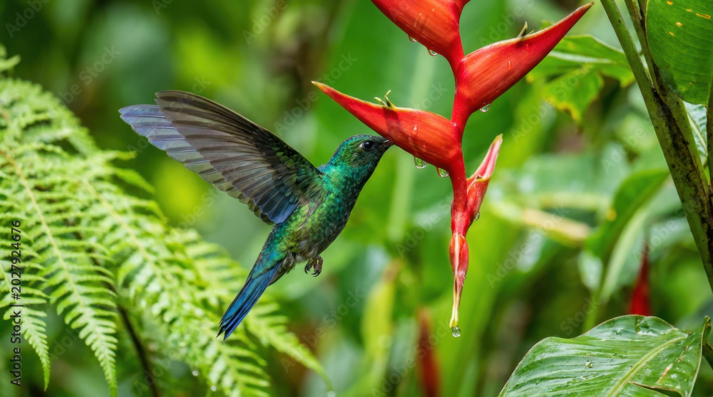 Fototapeta premium Hummingbird feeding on red tropical flower with green foliage background in natural habitat, vibrant colors and delicate motion captured beautifully