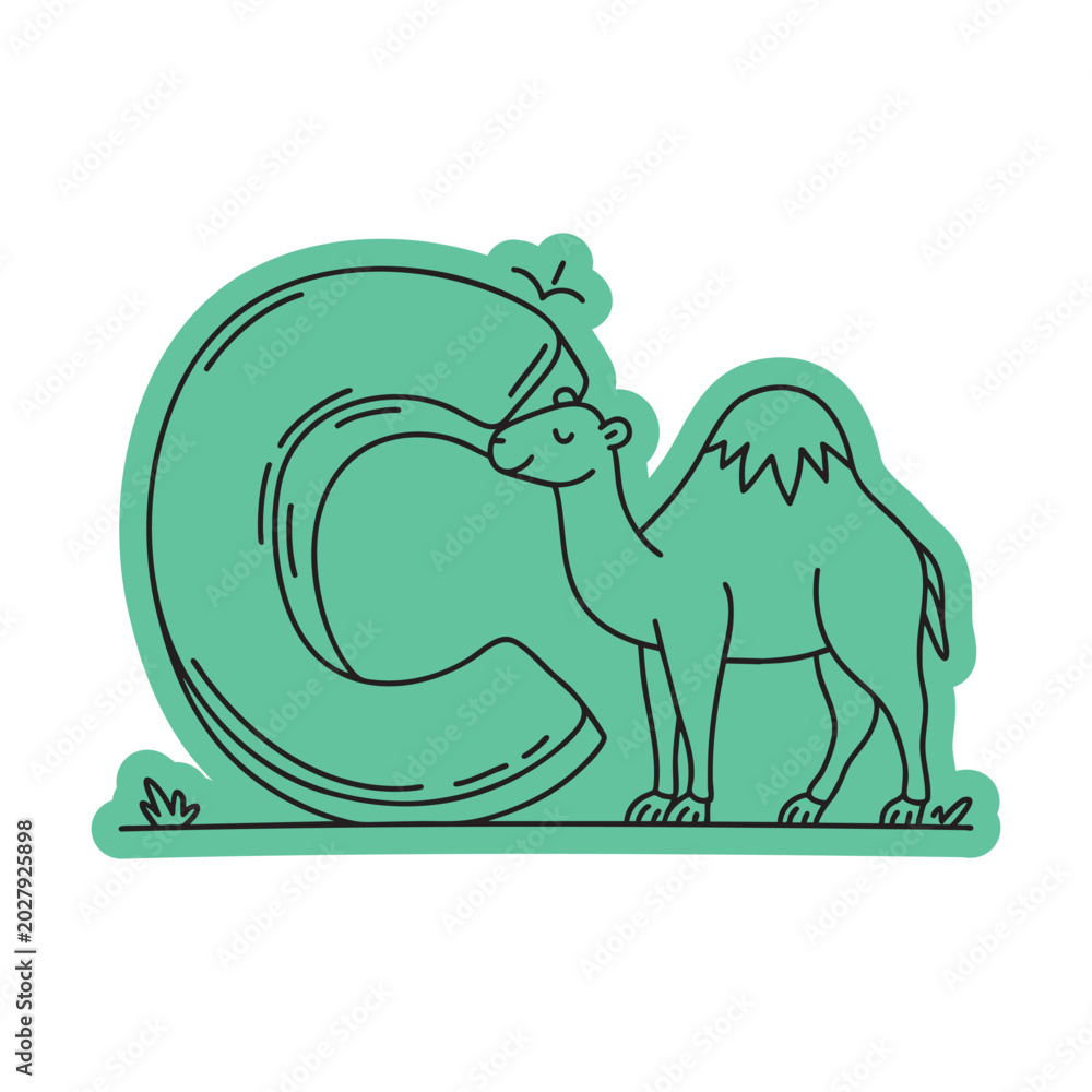 Fototapeta premium Cute Camel with Letter C Sticker Doodle Illustration