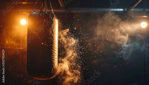 Punching Bag Impact with Flying Dust in Dark Cinematic Gym