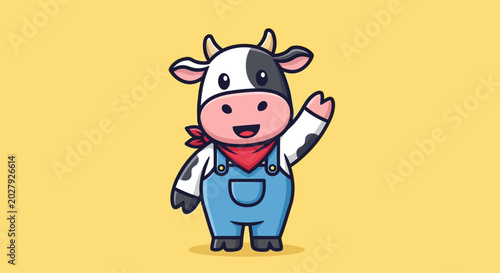 Cute Cartoon Cow Farmer Waving Hand Vector Illustration
