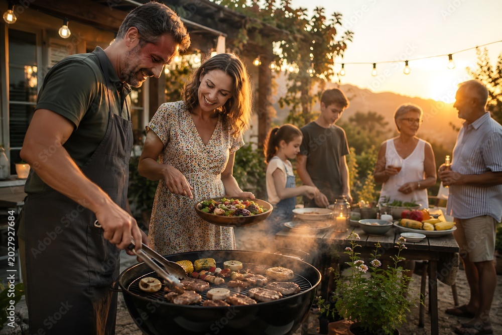 Fototapeta premium A multi-generational family enjoys a summer barbecue outdoors at sunset, with food grilling and people socializing.