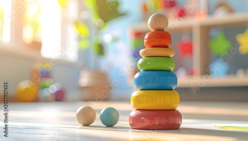 Juguete apilable de colores sobre mesa en una habitación infantil con fondo desenfocado