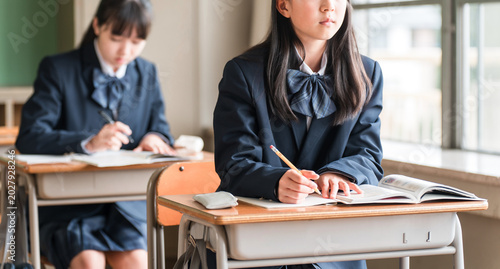Bild auf Leinwand Middle school and elementary school students diligently studying in school classrooms and cram schools