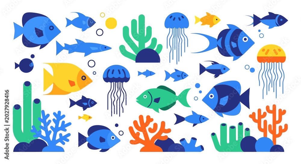 Fototapeta premium Colorful underwater scene with various fish and marine life elements