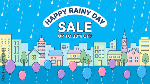Colorful cityscape with sale banner on rainy day vector illustration