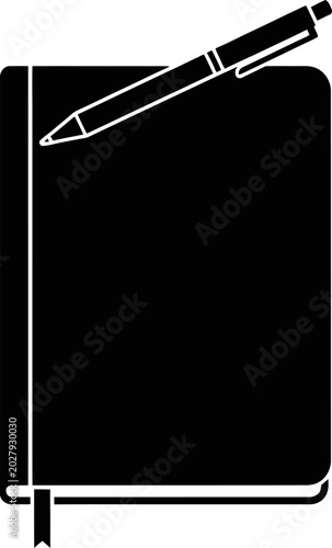 A minimalist black and white illustration of a closed notebook with a pen resting on top, symbolizing learning, writing, and note-taking