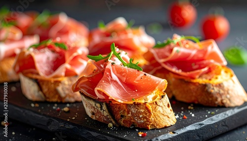 Tostas con jamón curado, tomate y hierbas frescas servidas sobre plato oscuro