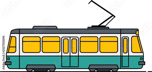 Vector illustration of a modern tram with large windows, a prominent pantograph, and a teal and white color scheme, suitable for urban transport themes