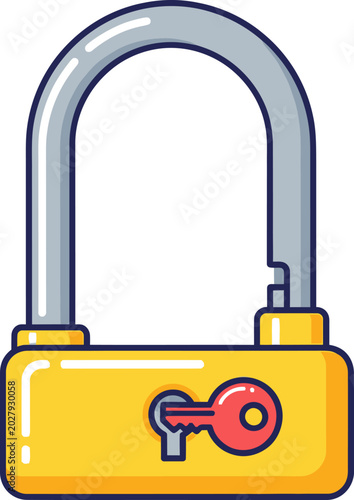 Vibrant yellow padlock with a red key securely inserted, symbolizing robust protection and controlled access in a clean, isolated flat vector illustration for privacy and data security concepts