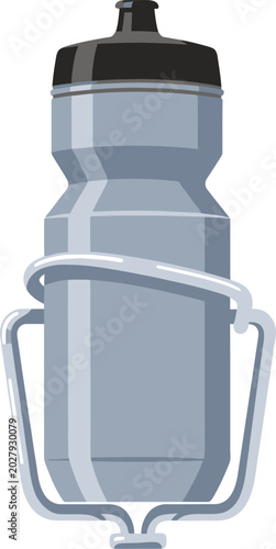 Illustrated durable grey water bottle with a secure carabiner clip, designed for active individuals seeking portable hydration during sports, fitness, or outdoor adventures