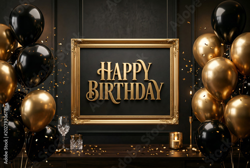 Happy birthday frame with gold and black balloons, candle, and wine glass on table.