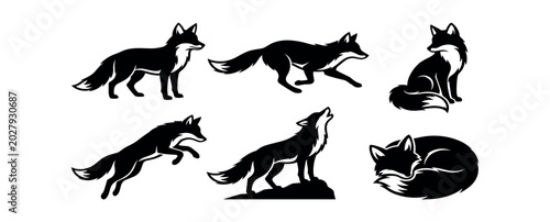 Fox Silhouettes Set – Standing, Running, Jumping, Sitting, Howling & Sleeping Curled Poses Vector