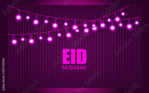 Purple Eid Mubarak Banner with Glowing Hanging String Lights Background