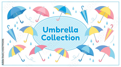 Colorful umbrellas floating in air with collection text overlay in bright design
