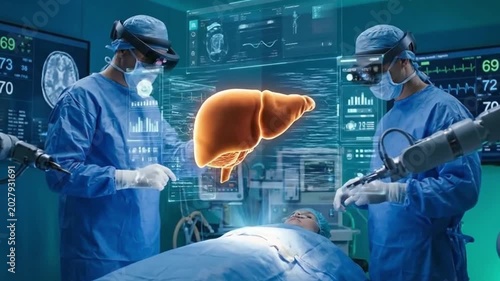 Advanced Surgeons Examine Patient Organ Using Augmented Reality Holographic Headsets and Interactive Virtual Interface with Digital Liver Visualization Technology