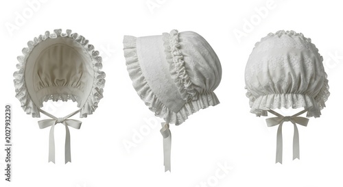 Vintage white baby bonnet with lace ruffles from three angles isolated on white background