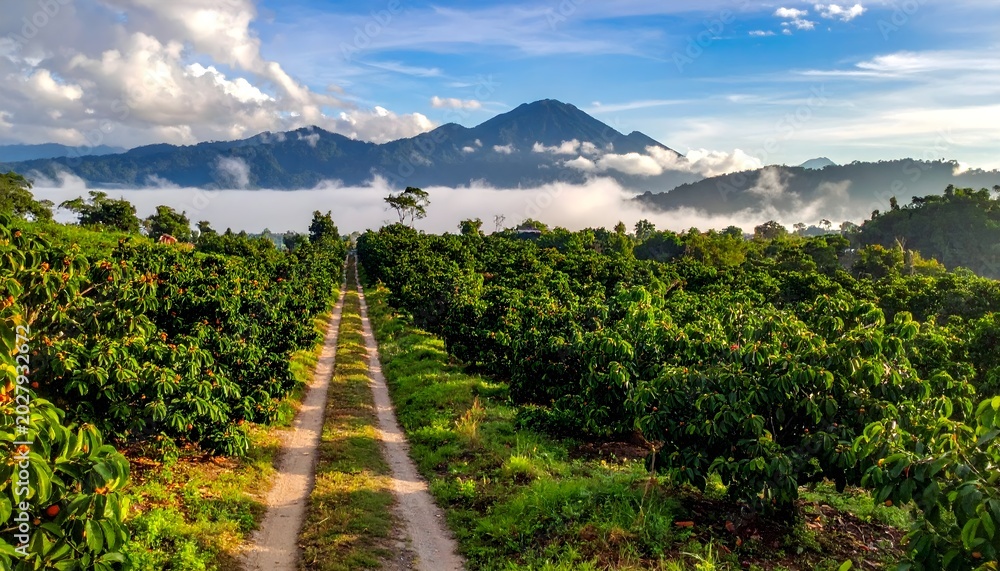 Naklejka premium Scenic dirt road leading through lush mangosteen orchard under misty mountain clouds