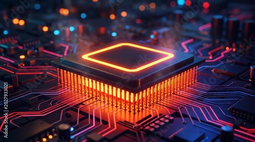 Glowing square processor chip on dark circuit board with vibrant orange light trails representing advanced computing architecture and high speed data transmission for future tech