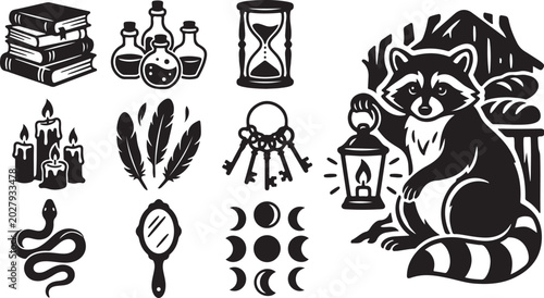 Whimsical raccoon with magical mystical objects collection