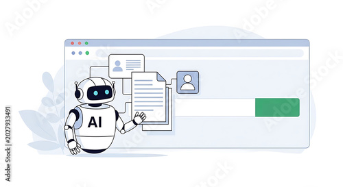 A robot displays a login webpage with AI on its chest standing next to a document