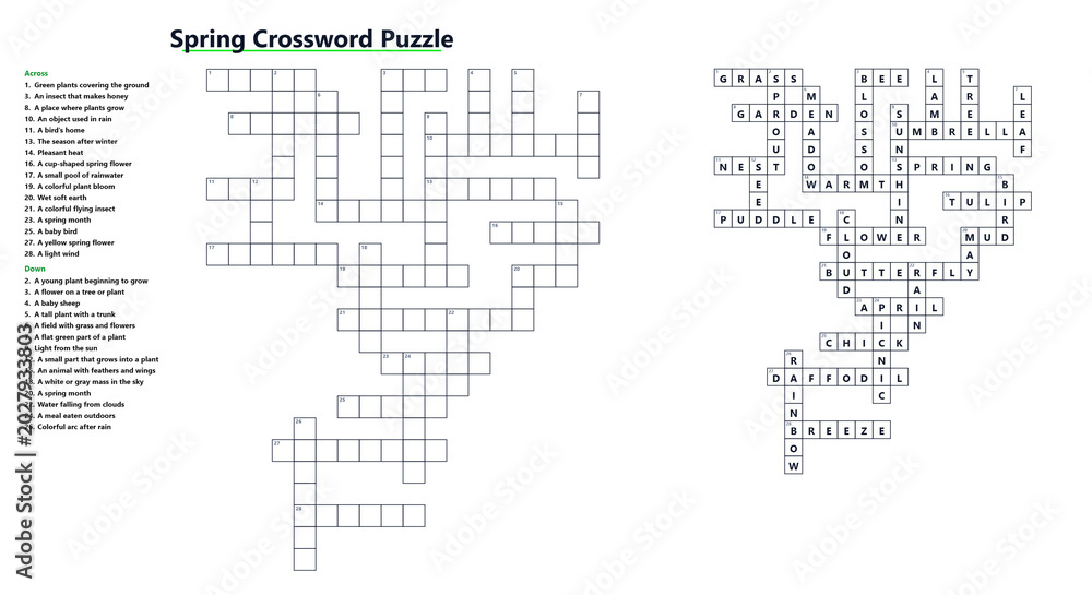 Fototapeta premium Spring crossword puzzle layout with clues on a white background 