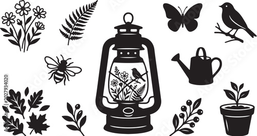 Black and white garden icons and lantern illustration