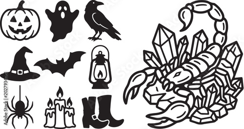 Halloween symbols and Scorpio zodiac sign illustrations