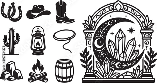 Western Mystical Symbols and Objects Illustration Set