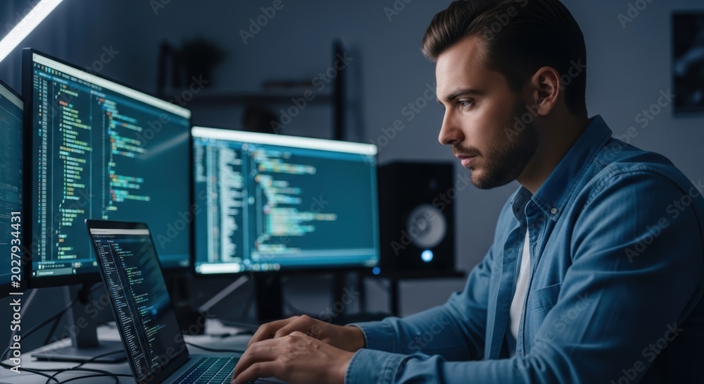 Obraz premium Young male developer intensely coding, focused on complex blue screens in a dark Surreal Silliness Concept Design
