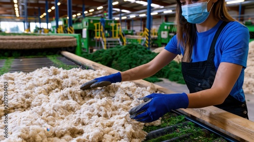 Worker in protective gloves sorting raw wool fibers on a moving conveyor belt for quality control in a textile factory.