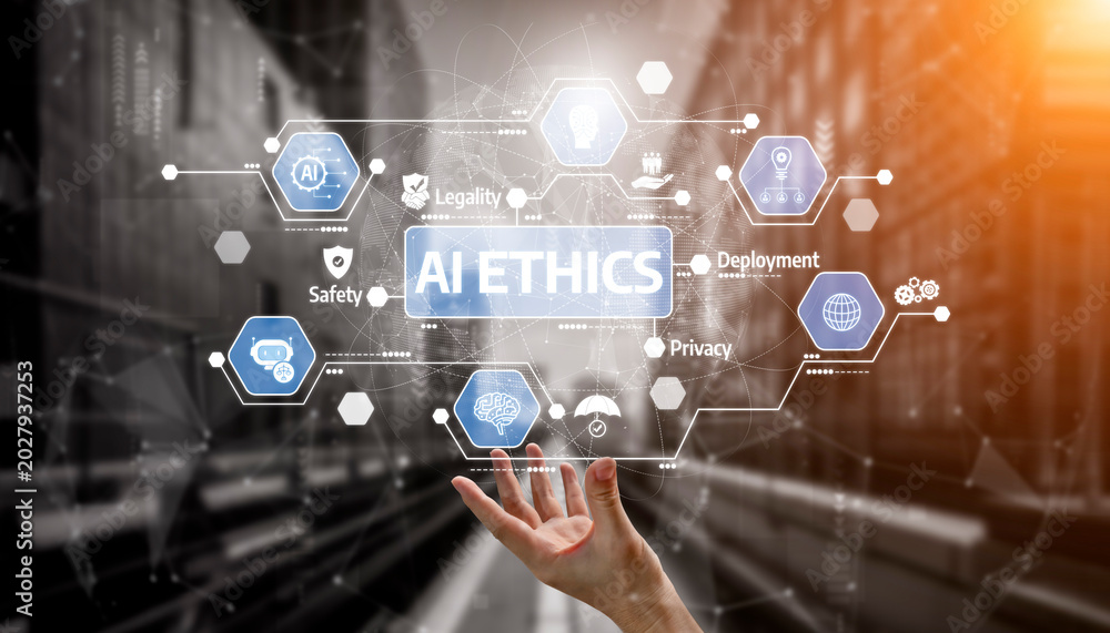 Fototapeta premium A hand reaches toward visual representations of AI ethics, focusing on key aspects like legality, safety, and privacy, emphasizing the intersection of technology and human values. Tessel