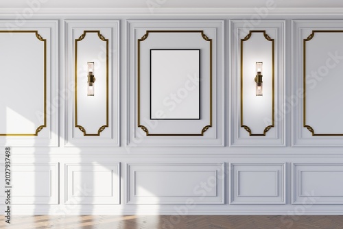 Classic white wall with decorative molding and blank frame mockup.
