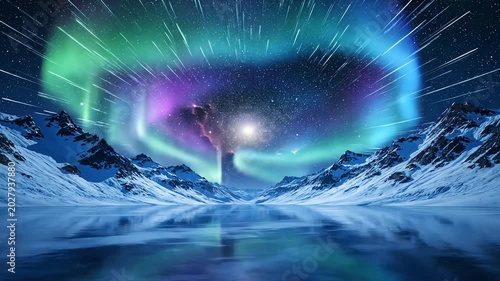 Stunning aurora borealis displaying over snow capped mountains and icy lake