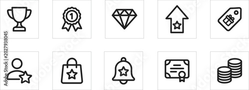 Fotografie Set of 10 black and white icons representing rewards achievements and shopping