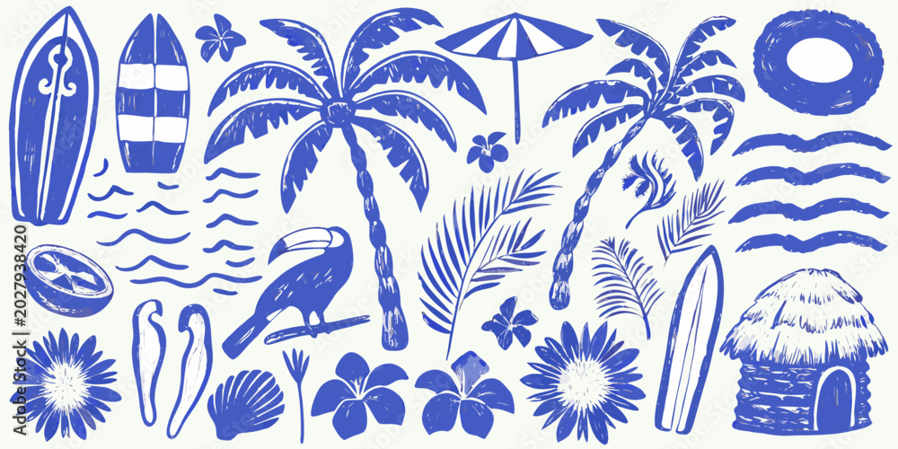 Obraz premium blue illustrations featuring palm trees beach elements and tropical flowers