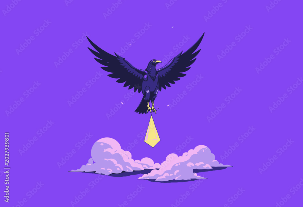 Fototapeta premium Vibrant Raven Soaring Above Clouds with Geometric Jewel on Purple Background