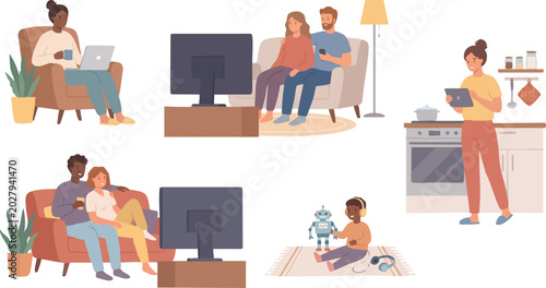 Diverse People Relaxing and Working at Home Flat Vector Illustration Set