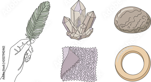 Bild auf Leinwand Sensory Exploration and Tactile Mindfulness Vector Set with Hand Holding Feather