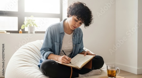 Young woman sketches in a brown notebook, relaxed on a beige bean bag in a bright Surreal Silliness Concept Design