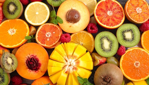 A vibrant arrangement of assorted fresh fruits cut open