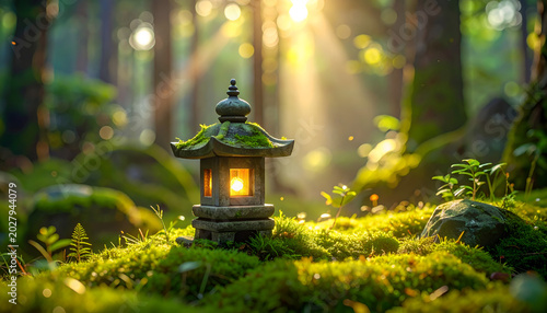 Enchanting Japanese Stone Lantern Illuminated in a Sun-Dappled Mossy Forest.